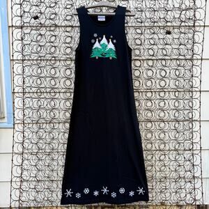 Vintage 90s Westbound Christmas Trees Snowflakes Embroidered Long Black Dress S